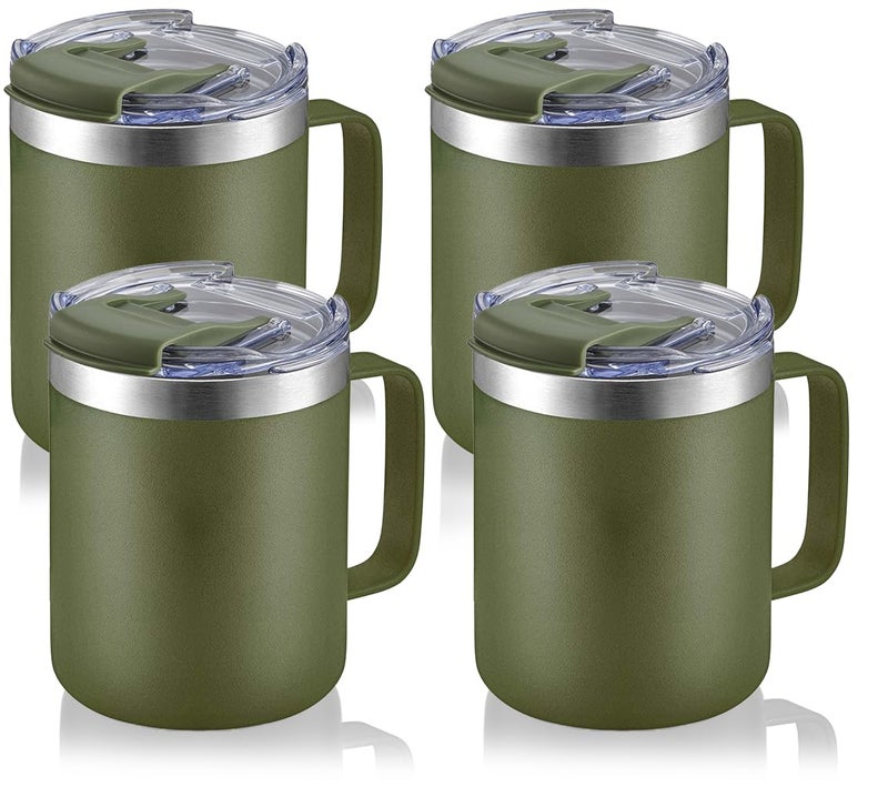 ALOUFEA 12oz Stainless Steel Insulated Coffee Mug with Handle, Double Wall Vacuum Tumbler Cup with Fliping Lid, Army Green, 4 Pack - Image 1